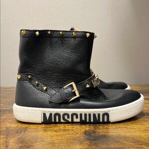 Moschino Black Leather Boots with Gold Accents